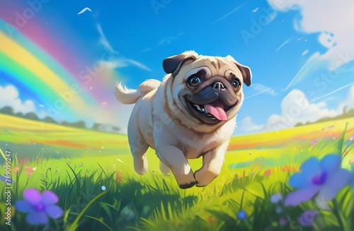 Pug running around in meadow with rainbow bridge