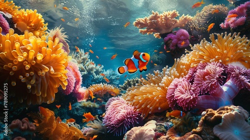 a captivating image showcasing the graceful swimming of a beautiful anemonefish amidst vibrant coral reef  capturing the vivid colors and intricate details in a mesmerizing underwater scene