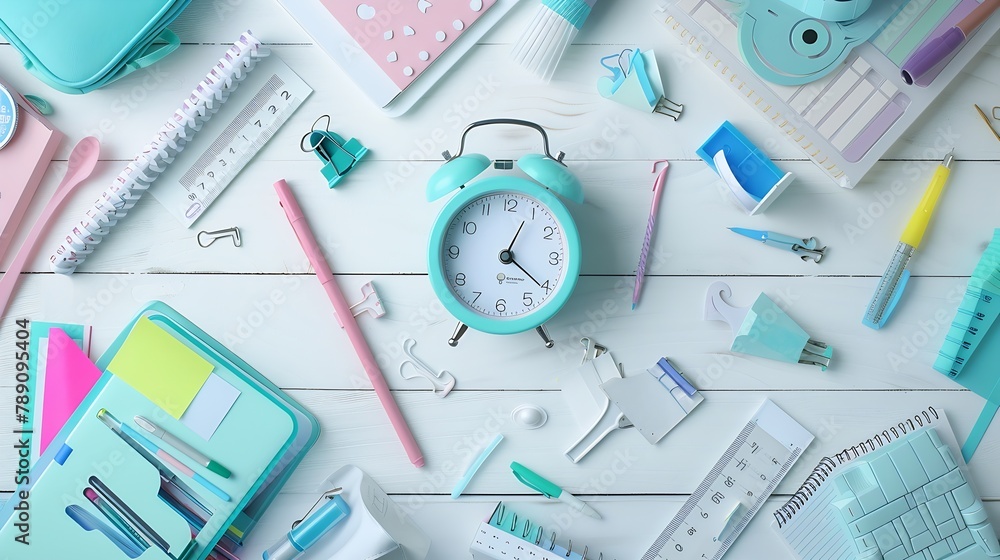 Different stationery with alarm clock and stylish school uniform on white wooden background : Generative AI Different stationery with alarm clock and stylish school uniform on white wooden background : Generative AI