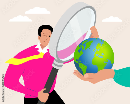 Curios businessman using magnifying glass to see the Planet. Save world concept. Flat vector cartoon