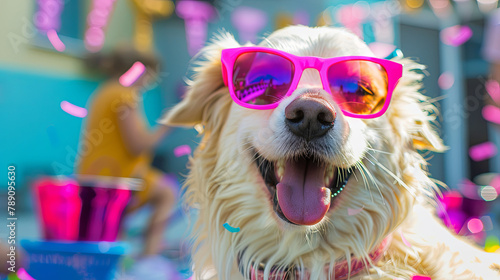 Joyful golden retriever wearing sunglasses at colorful party