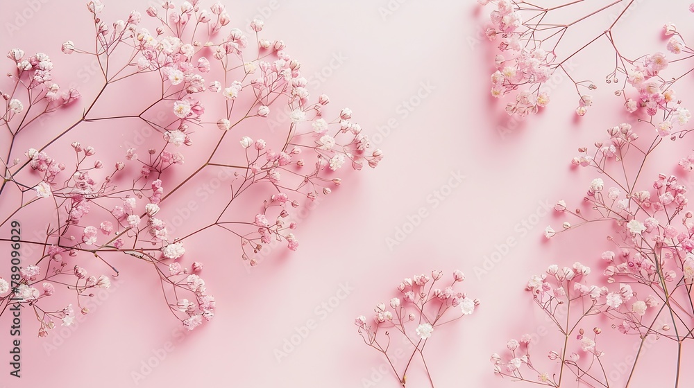 Gypsophila flowers on pastel background Flat lay top view copy space : Generative AI
