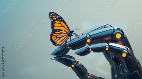 minimalistic concept photo of A sleek, robotic arm with slender, articulated fingers gently cradles a single, delicate butterfly wing photo