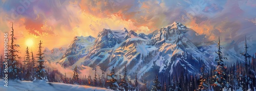 Majestic winter sunrise over snowy mountain peaks