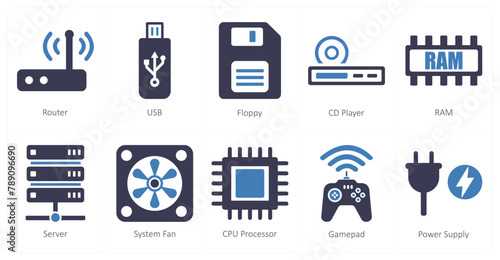 A set of 10 computer parts icons as router, usb, floppy