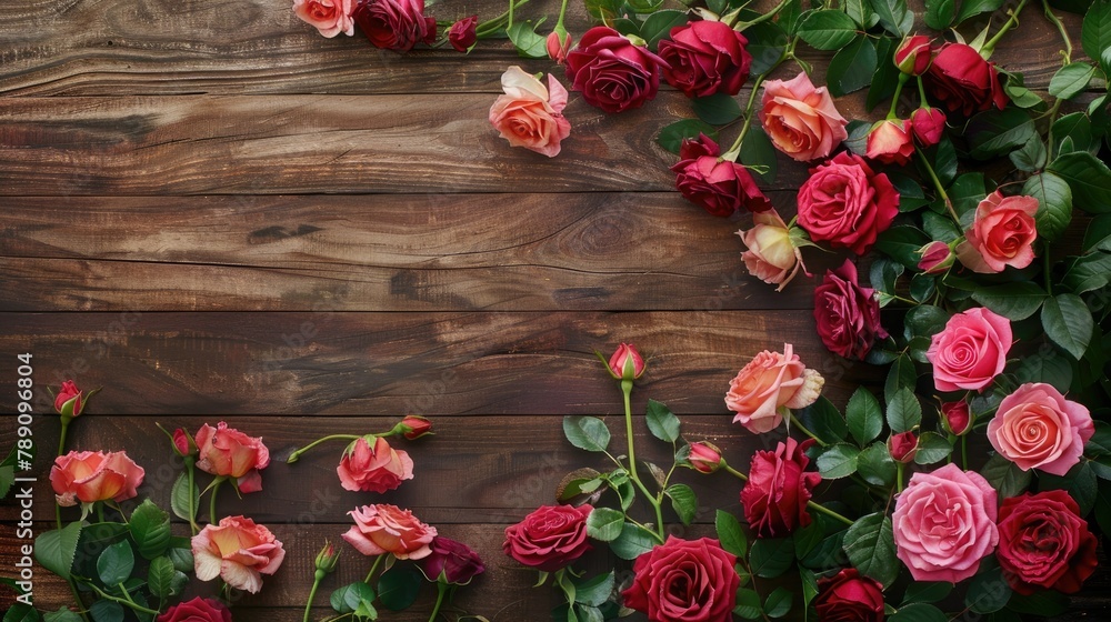 A stunning arrangement of roses adorning a rustic brown wooden surface