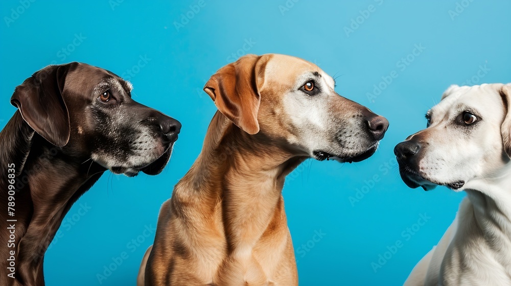 Banner Closeup three hide dogs head Isolated on blue background : Generative AI