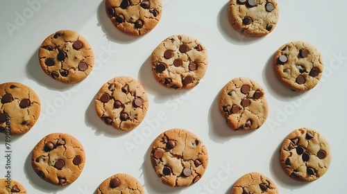 From above flat lay delicious sweet cookies with chocolate chips on table against white background in light kitchen : Generative AI