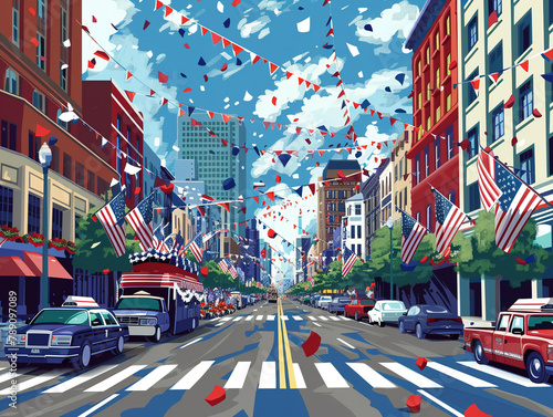 3D vector of a festive 4th of July parade with floats and marching bands, red, white, and blue decorations, downtown street background,