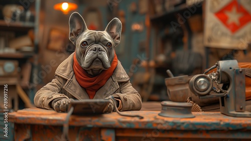 Fawn French Bulldog with short snout sitting at table talking on phone