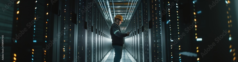Fototapeta premium A data processing expert in a data center analyzes large amounts information and develops strategies for its storage and optimization, contributing to the efficient operation the system. Wide banner