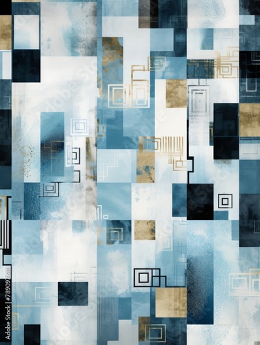 Blue and White Abstract Painting With Squares and Rectangles