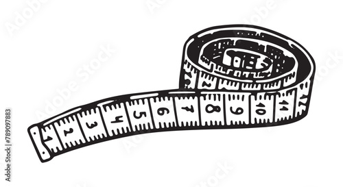 Rolled up measuring tape sketch. Sewing craft, tailor equipment doodle. Outline vector illustration in retro engraving style.