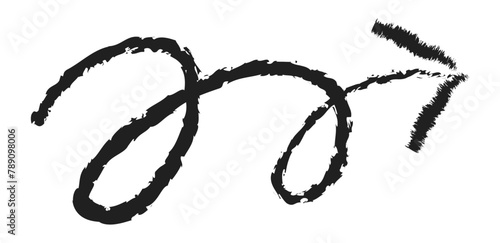 Hand drawn simple arrow drawn with wax crayon, chalk or charcoal. Uneven dry texture for underlining highlighting. Pencil drawn lines, strikethrough, grungy vector isolated on white