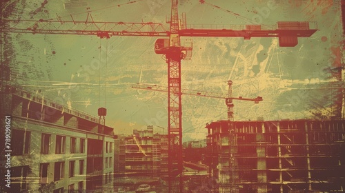 A vintage filter has been applied to an image showcasing a crane at a bustling construction site