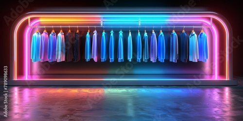 Futuristic 3D render of a high-tech, AI-powered clothing rack with a sleek, metallic design and holographic, customizable fashion suggestions