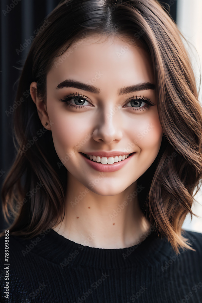 Close-up portrait of a smiling brunette woman with flawless skin and brown eyes Close-up portrait of a smiling brunette woman with flawless skin and brown eyes