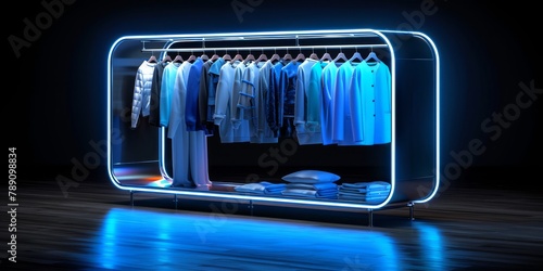 Futuristic 3D render of a high-tech, AI-powered clothing rack with a sleek, metallic design and holographic, customizable fashion suggestions