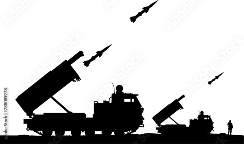 Vektor Silhouette Flugabwehr - Raketensystem - Feuerleitstand zur Abwehr von Raketen, Drohnen, Flugzeugen, Marschflugkörpern und ballistischen Raketen - Militär Raketenwerfer