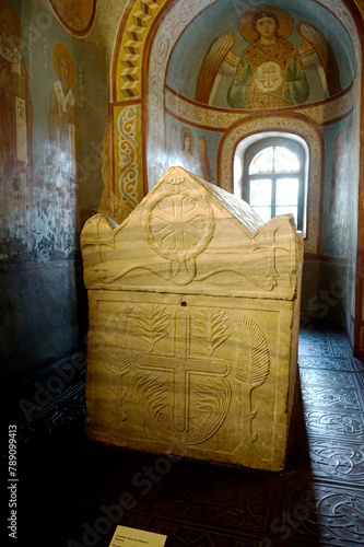 A marble sarcophagus in the middle of the Saint Sophia Cathedral in Kyiv