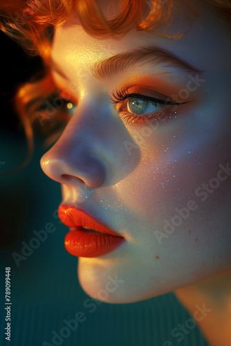 Hyper realistic portrait of an extremely beautiful ginger female with glitter on her face, sharp focus on the eyes, depth of field