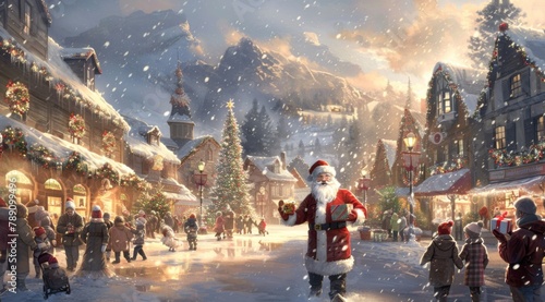 A charming Christmas scene depicts Santa Claus walking through the festively decorated streets photo