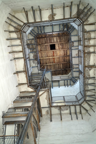 Stairs to the mountain in the high church bell tower.   