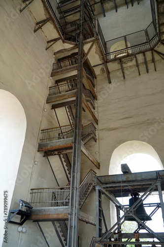 Stairs to the mountain in the high church bell tower.   
