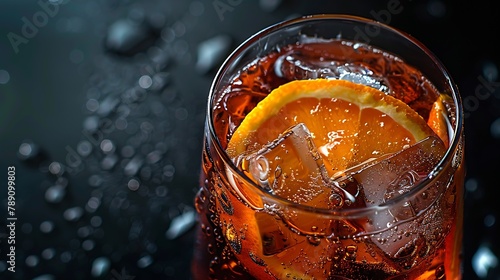 Aperol Spritz cocktail with oranges and ice in glass Orange alcohol cocktail on a dark background Close up : Generative AI