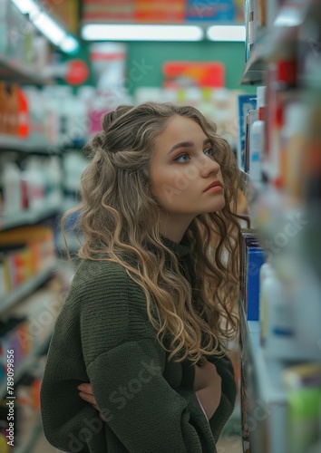 Vertical photo of young thoughtful customer woman or girl standing in a cosmetics store choosing goods for her skincare and hair care for beauty sphere products advertising campaign