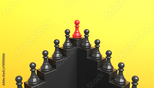 Leadership and growth concept, red pawn of chess, standing out from the crowd of black pawns, on yellow background. 3D Rendering