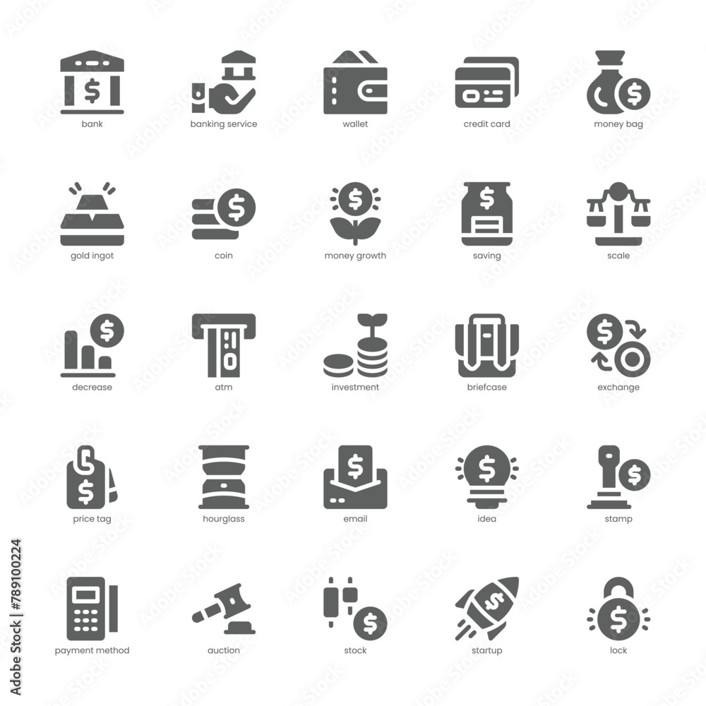 Banking Service icon pack for your website, mobile, presentation, and logo design. Banking Service icon glyph design. Vector graphics illustration and editable stroke.