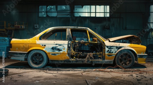 Abandoned yellow classic car in a state of decay and disrepair inside an old industrial garage