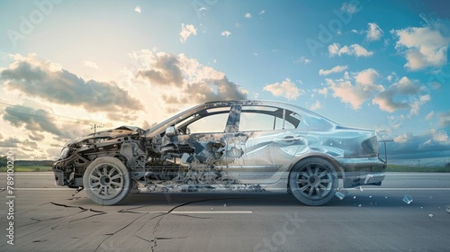 Digital transition of car from pristine to wreckage on road, depicting accident impact over time © Nakarin