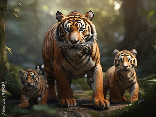realistic tiger in the jungle with cubs, AI generated