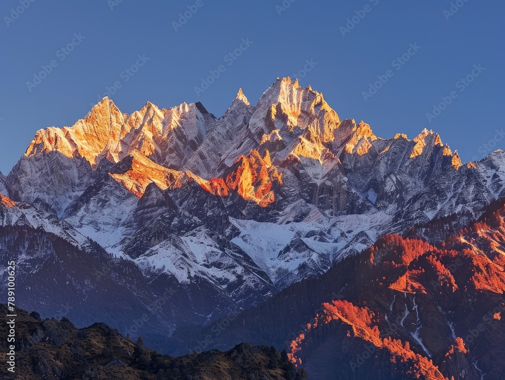 Obraz premium Mountain Majesty: Sun-Kissed Peaks in Azure Skies