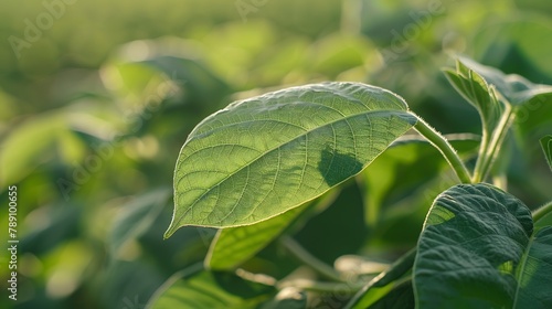 Green leaf of a soybean plant closeup on the background of an agricultural field Plants in the open field Selective focus : Generative AI