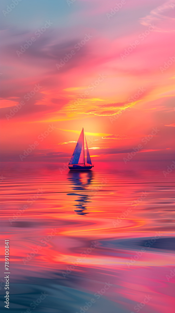 Breathtaking Ocean View Reflecting Sunset Hues with Sailboat Silhouette at Far Distance