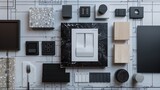 Flat lay design of creative interior design moodboard composition with samples materials like wood textile stone and black switch on blueprint background : Generative AI