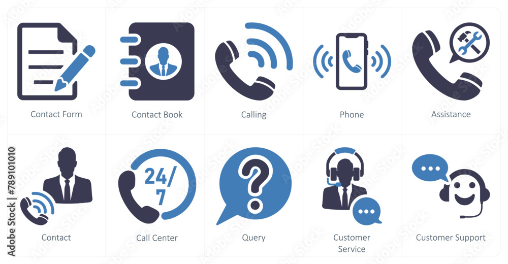 A set of 10 contact icons as contact form, contact book, calling A set of 10 contact icons as contact form, contact book, calling