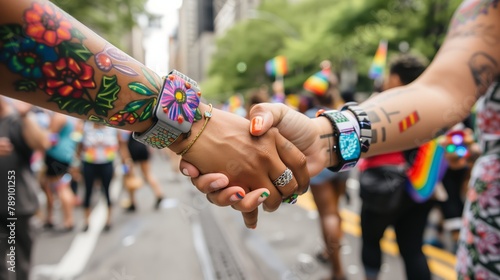 Couple Holding Hands at Pride Parade with Focus on Unity