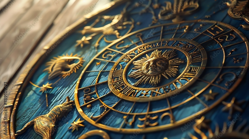 Fototapeta premium Astrology prediction Flat lay composition of zodiac wheel with sign triplicities on wooden table : Generative AI