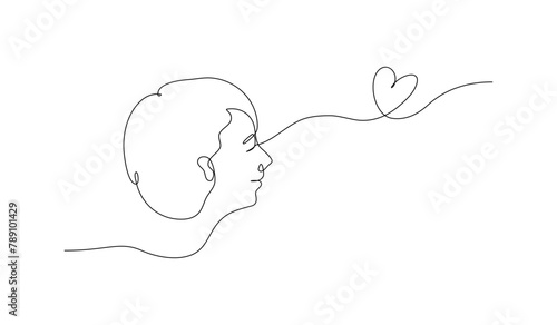 Continuous line art of a human smiling with heart symbol in mental health concept, editable one line drawing vector.