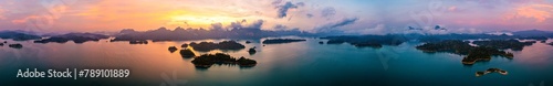 Aerial view of Khao Sok national park at sunrise, in Cheow lan lake, Surat Thani, Thailand photo