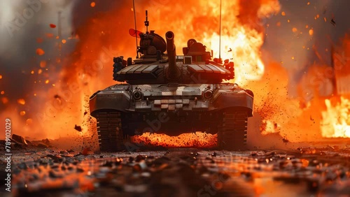 Powerful armored military battle tank with strong armor and big gun rides on the battlefield in the war photo