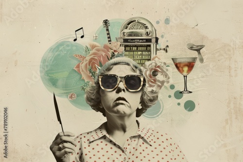 surreal portrait in a pop collage style, a woman 1960s vibes, with a white blouse with red polka dots, musical instruments on the head, big funny  sunglassess, graphic grungy design