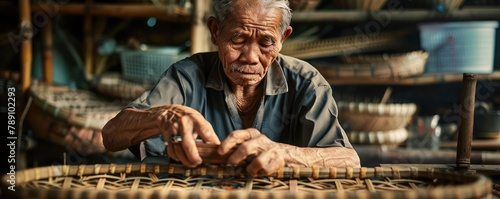 Craftman with hat on the head making basket for fish from bamboo.