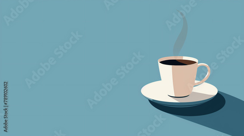 Flat illustration of a cup of hot coffee standing on a saucer on a blue background with copy space. photo