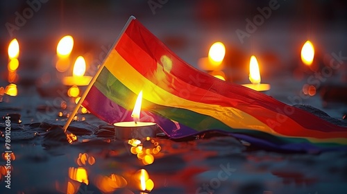 Candlelit Tribute with Rainbow Pride Flag at Dusk