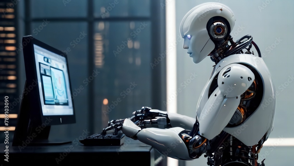 an image of a robot working on your computer in a futuristic setting an image of a robot working on your computer in a futuristic setting